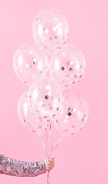 Balony z konfetti - kółka, 30cm, srebrny (1 op. / 6 szt.)