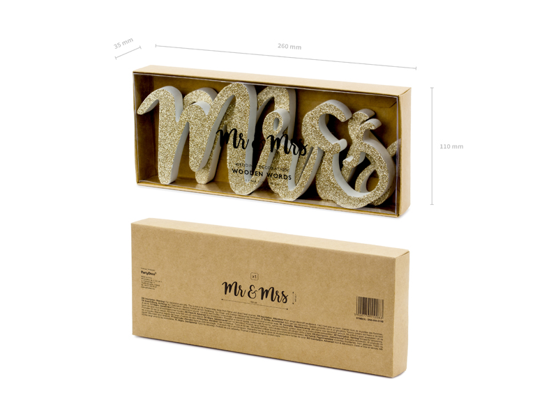 Drewniany napis Mr & Mrs, złoty, 50x10cm