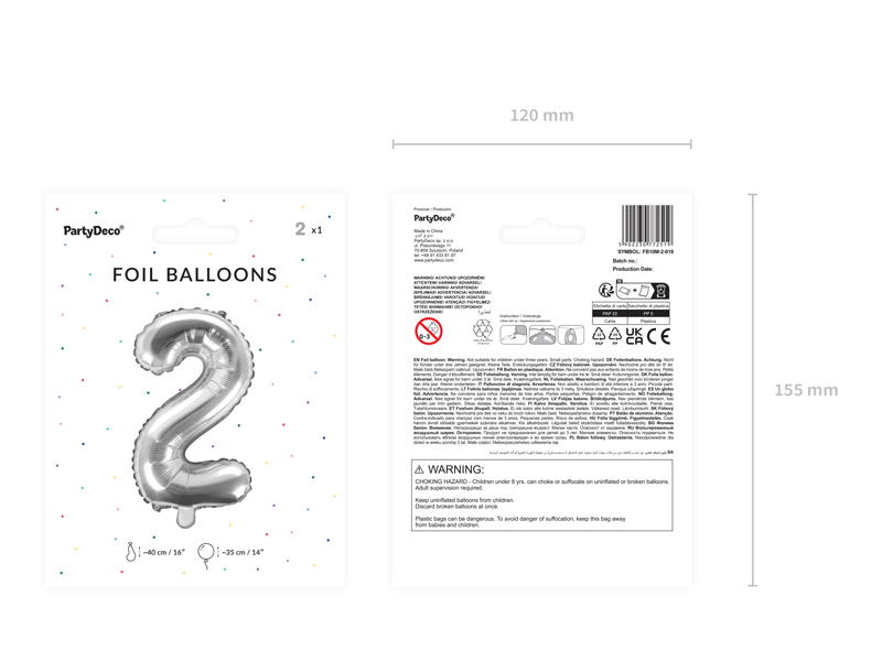 Balon foliowy Cyfra ''2'', 35cm, srebrny
