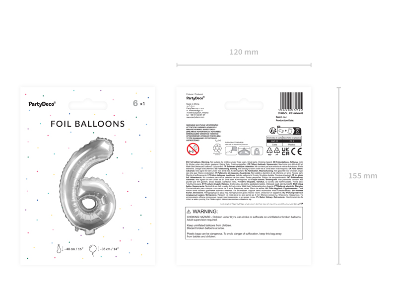 Balon foliowy Cyfra ''6'', 35cm, srebrny