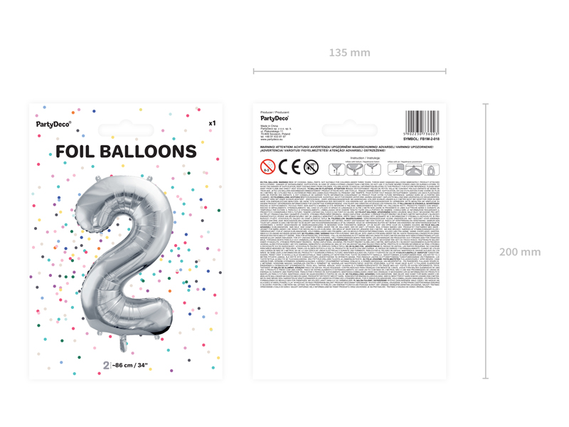 Balon foliowy Cyfra ''2'', 86cm, srebrny