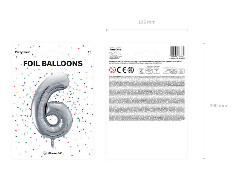 Balon foliowy Cyfra ''6'', 86cm, srebrny