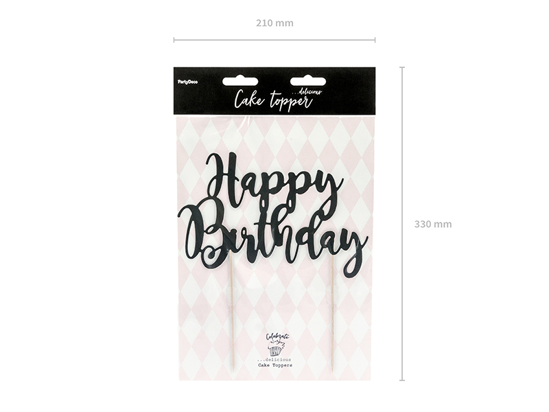 Topper na tort Happy Birthday, czarny, 22,5cm