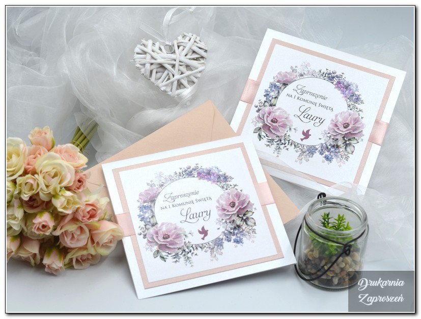 FLOWER PRESTIGE PINK - Zaproszenie na Komunię