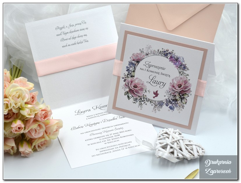 FLOWER PRESTIGE PINK - Zaproszenie na Komunię