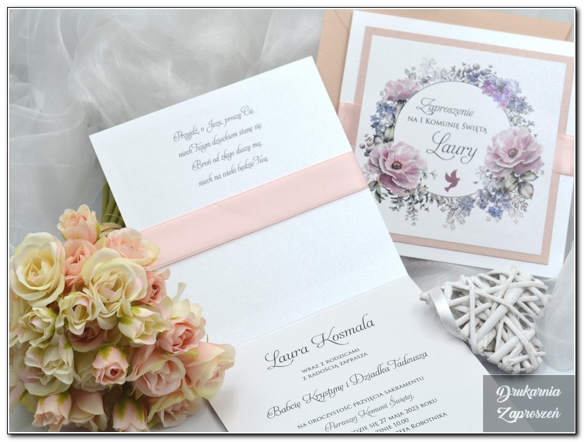 FLOWER PRESTIGE PINK - Zaproszenie na Komunię