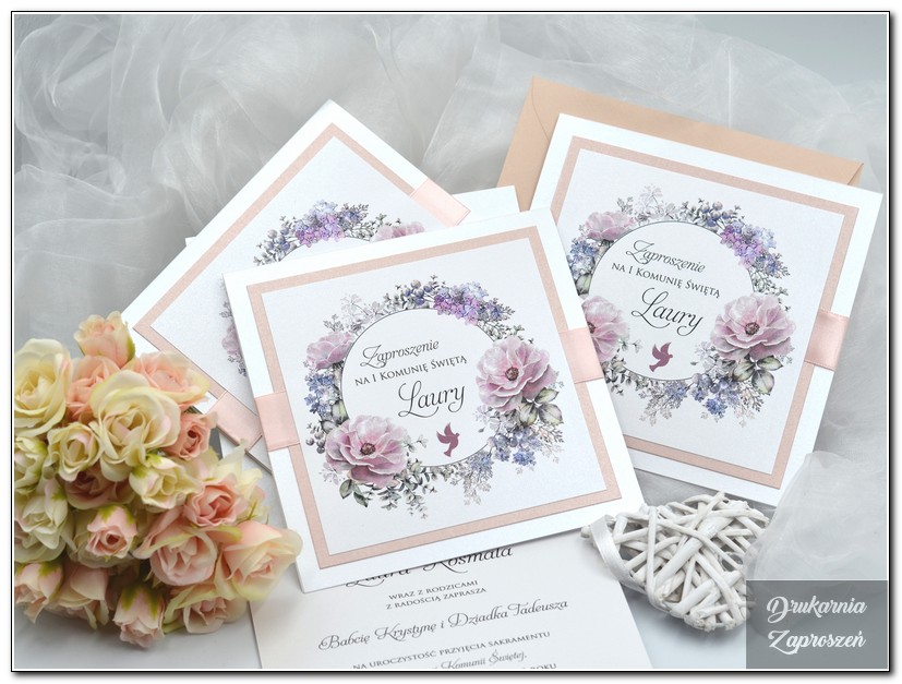 FLOWER PRESTIGE PINK - Zaproszenie na Komunię