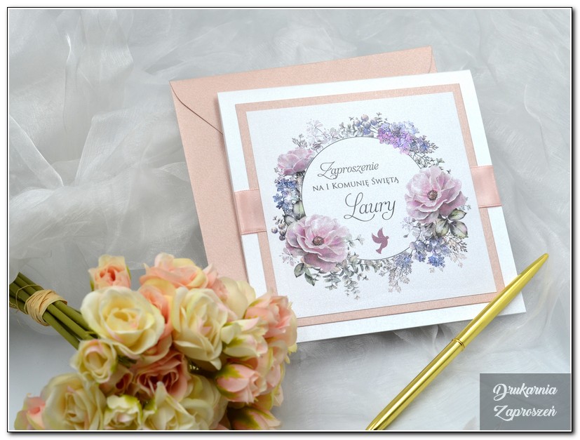 FLOWER PRESTIGE PINK - Zaproszenie na Komunię