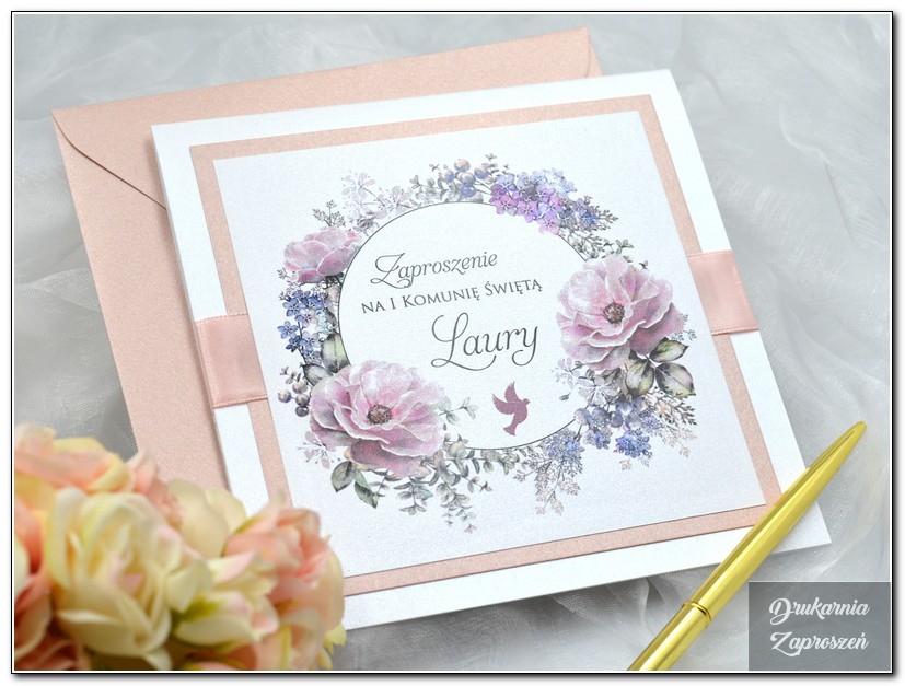 FLOWER PRESTIGE PINK - Zaproszenie na Komunię