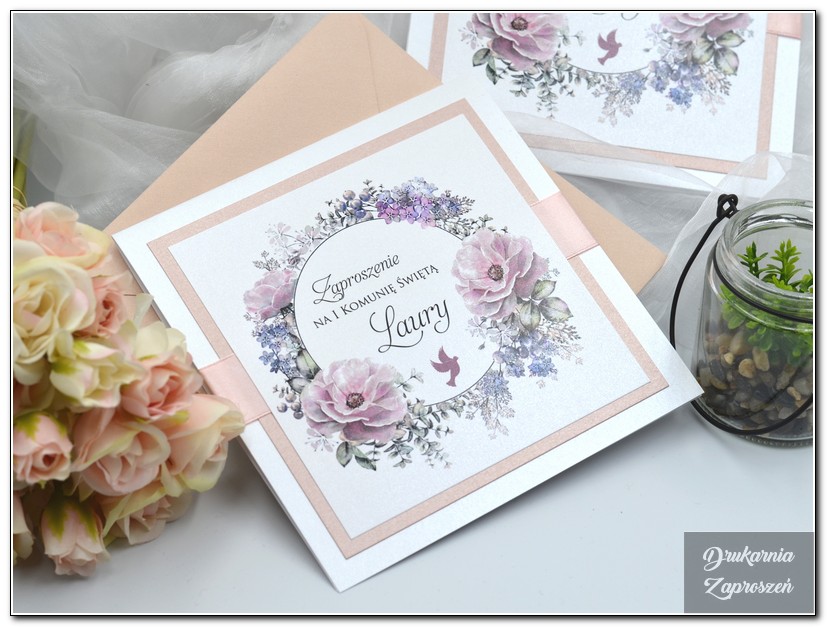 FLOWER PRESTIGE PINK - Zaproszenie na Komunię