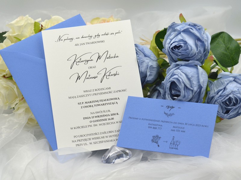 zaproszenia ślubne Pastello Azur jednokartkowe niebieskie z kopertą Drukarnia Zaproszeń