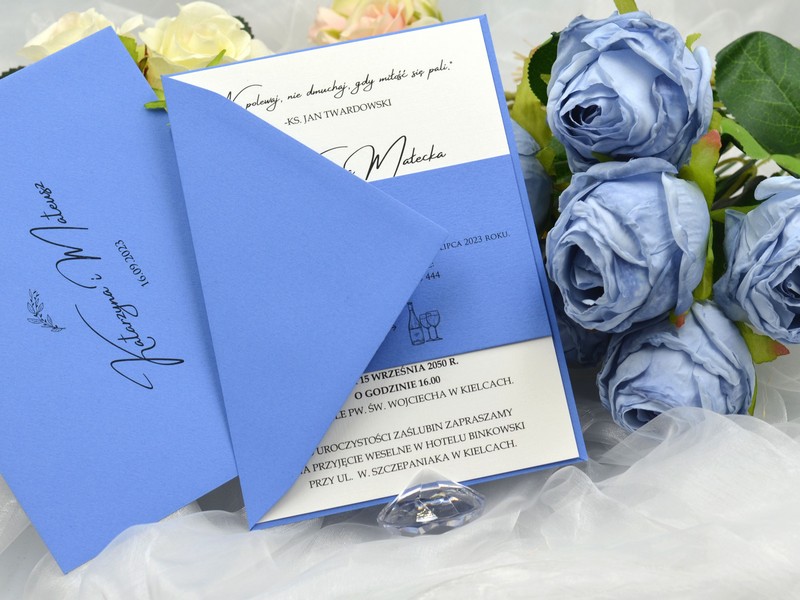 zaproszenia ślubne Pastello Azur jednokartkowe niebieskie z kopertą Drukarnia Zaproszeń