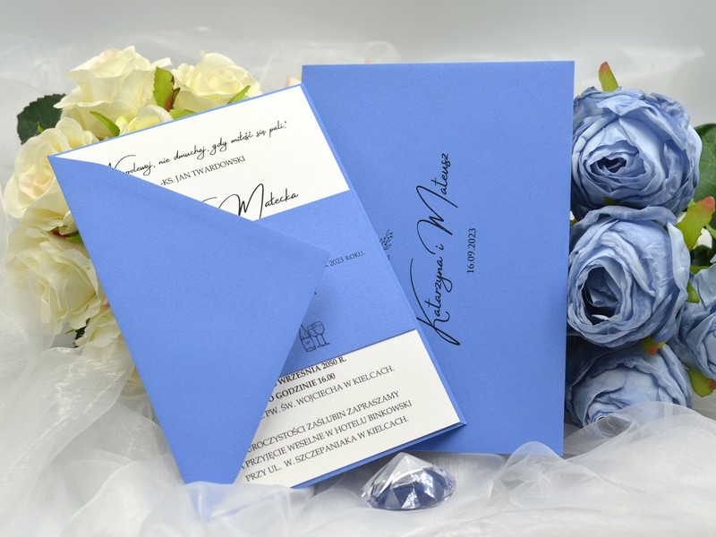 zaproszenia ślubne Pastello Azur jednokartkowe niebieskie z kopertą Drukarnia Zaproszeń