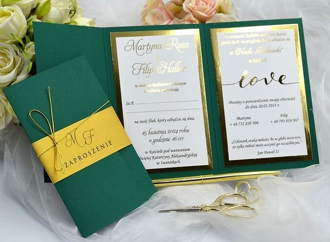 zaproszenie ślubne kopertowe zielone złote Premium Green Drukarnia Zaproszeń