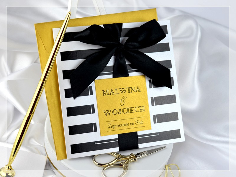 Zaproszenia ślubne BLACK & GOLD w stylu GLAMOUR czarno-złote z kokardą DRUKARNIA ZAPROSZEŃ