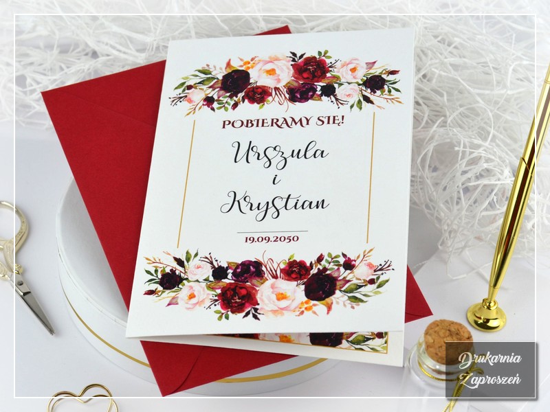 Zaproszenia ślubne BORDO KWIAT z grafiką kwiatową - DRUKARNIA ZAPROSZEŃ