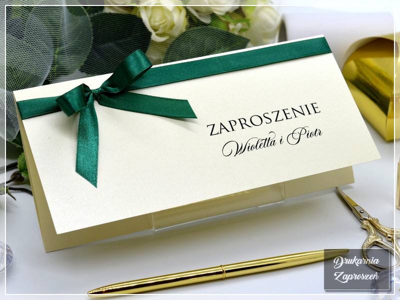 zaproszenie ślubne CLASSIC klasyczne eleganckie perłowe ze wstążką kolor do wyboru Drukarnia Zaproszeń