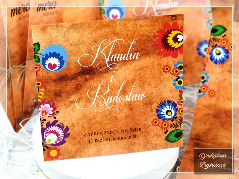 Zaproszenia ślubne FOLK 2 - ludowe, folkowe,, rustykalne, DRUKARNIA ZAPROSZEŃ