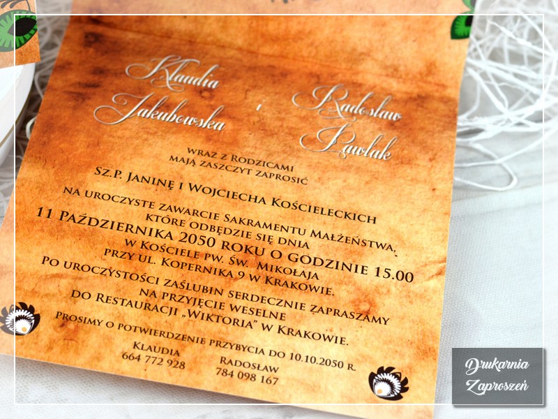 Zaproszenia ślubne FOLK 2 - ludowe, folkowe,, rustykalne, DRUKARNIA ZAPROSZEŃ