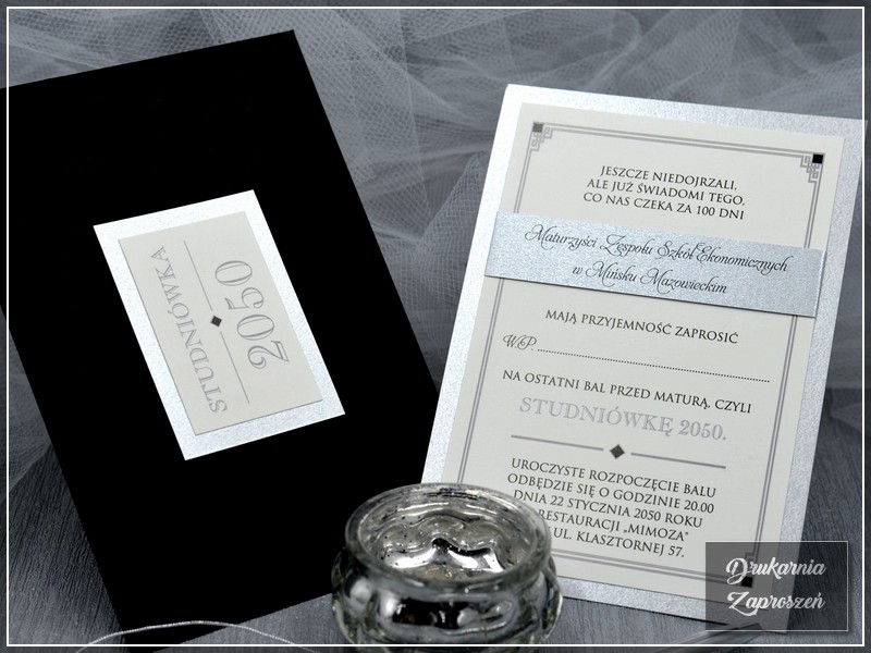 zaproszenia na studniówkę personalizowane srebrne Calipso Silver
