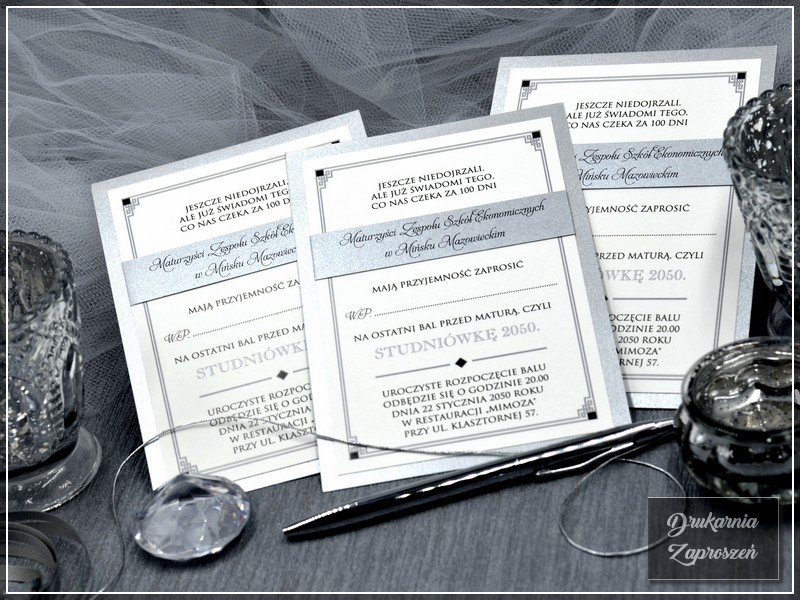 zaproszenia na studniówkę personalizowane srebrne Calipso Silver