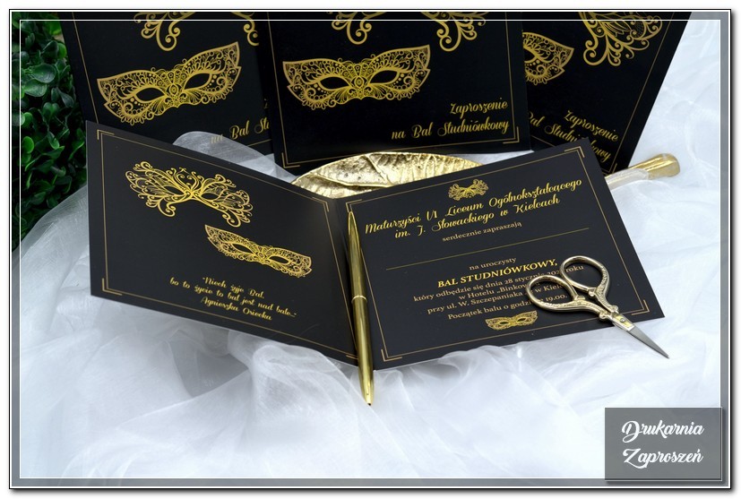 zaproszenia na studniówkę personalizowane czarno-złote CARNIVAL BLACK