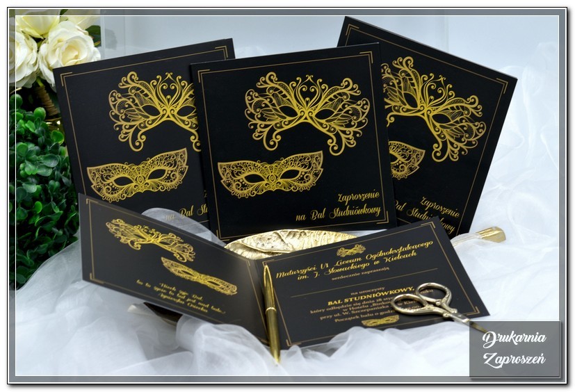zaproszenia na studniówkę personalizowane czarno-złote CARNIVAL BLACK