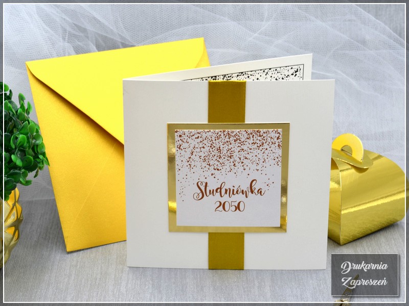 zaproszenia na studniówkę personalizowane złote ze wstążką CONFETTI GOLD