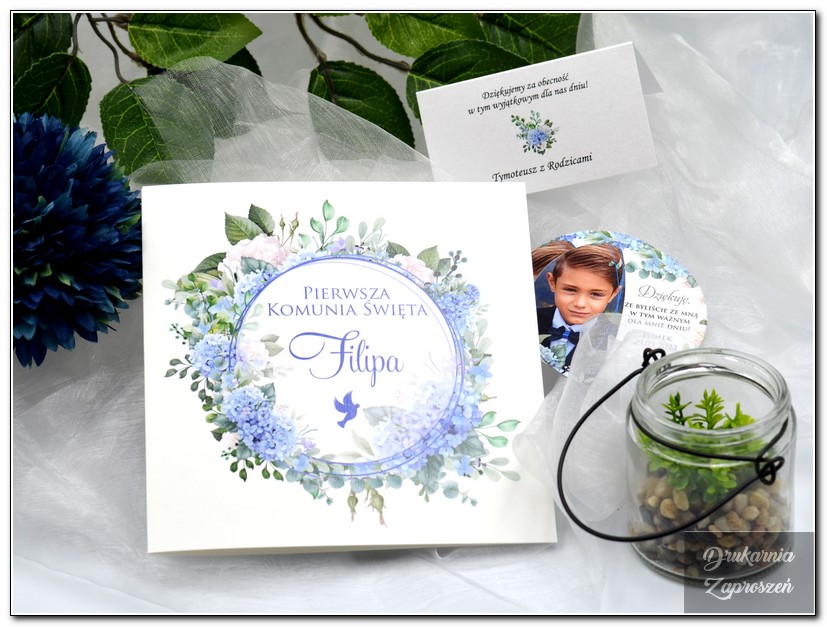 zaproszenie na komunię flower blue