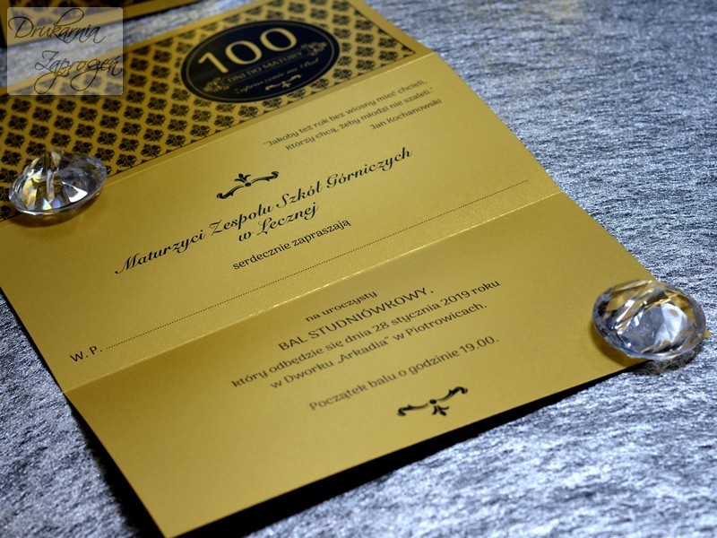 zaproszenia na studniówkę personalizowane perłowe złote ze wstążką GLAMOUR GOLD