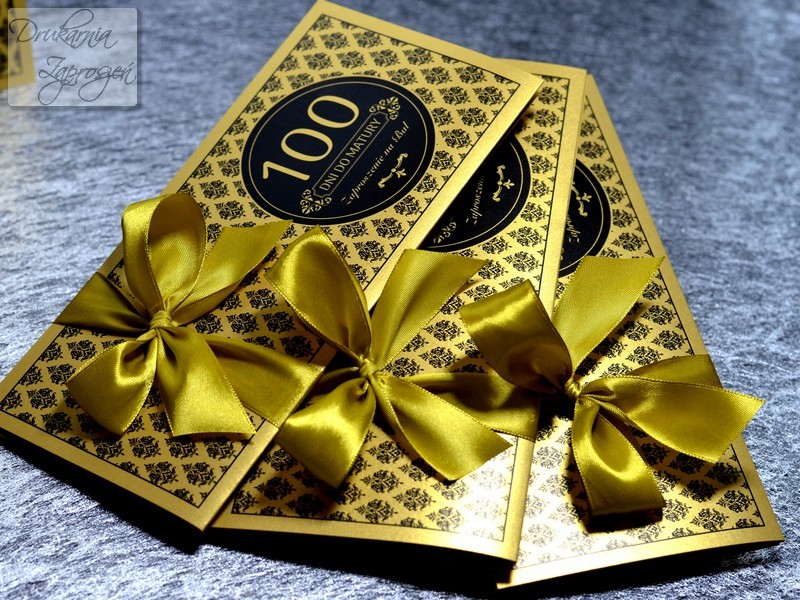 zaproszenia na studniówkę personalizowane perłowe złote ze wstążką GLAMOUR GOLD