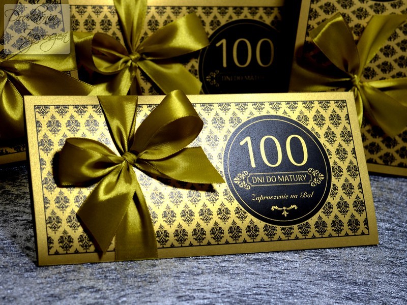 zaproszenia na studniówkę personalizowane perłowe złote ze wstążką GLAMOUR GOLD