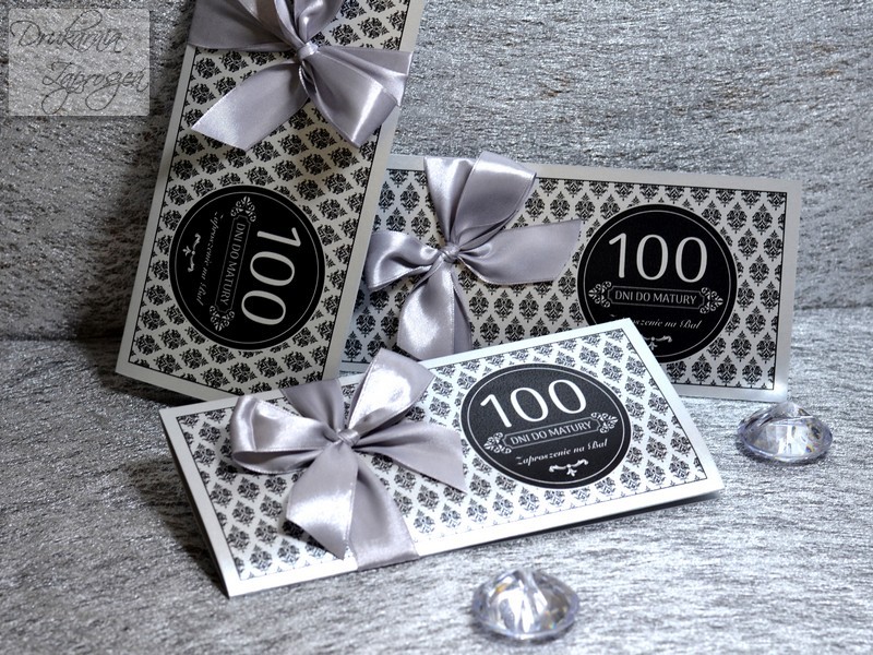 zaproszenia na studniówkę personalizowane perłowe srebrne ze wstążką GLAMOUR SILVER
