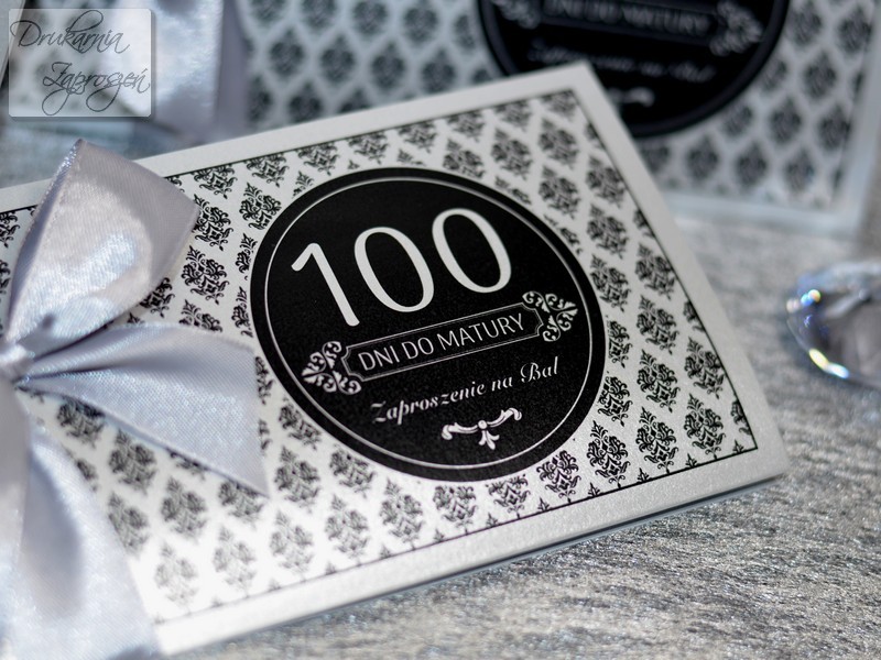 zaproszenia na studniówkę personalizowane perłowe srebrne ze wstążką GLAMOUR SILVER