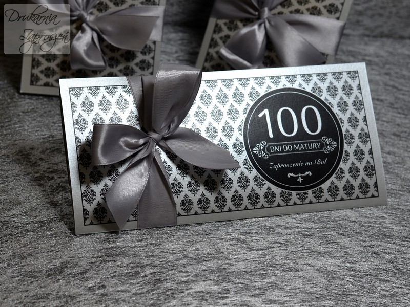 zaproszenia na studniówkę personalizowane perłowe srebrne ze wstążką GLAMOUR SILVER