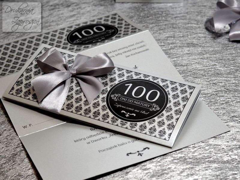 zaproszenia na studniówkę personalizowane perłowe srebrne ze wstążką GLAMOUR SILVER