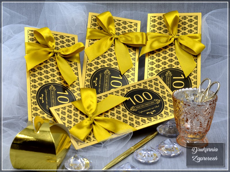 zaproszenia na studniówkę personalizowane perłowe złote ze wstążką GLAMOUR GOLD