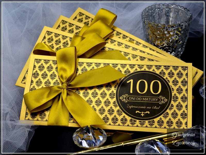 zaproszenia na studniówkę personalizowane perłowe złote ze wstążką GLAMOUR GOLD