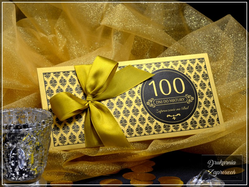 zaproszenia na studniówkę personalizowane perłowe złote ze wstążką GLAMOUR GOLD
