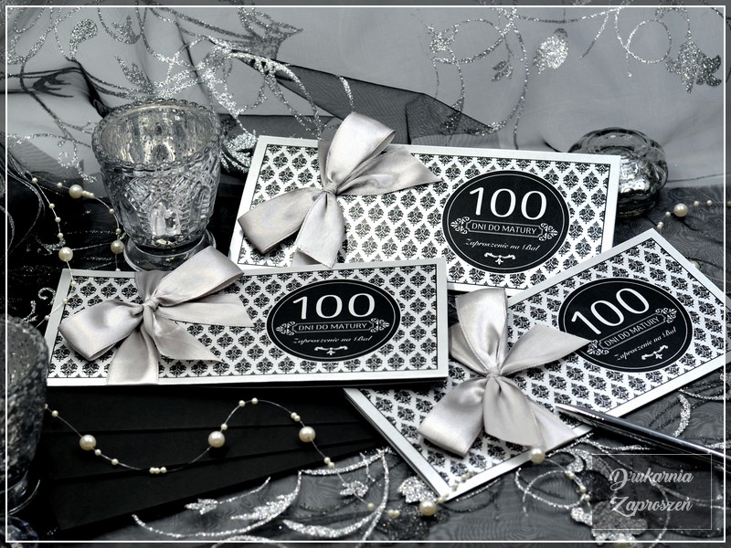 zaproszenia na studniówkę personalizowane perłowe srebrne ze wstążką GLAMOUR SILVER