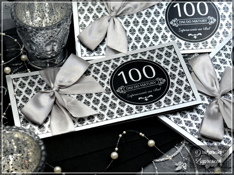 zaproszenia na studniówkę personalizowane perłowe srebrne ze wstążką GLAMOUR SILVER