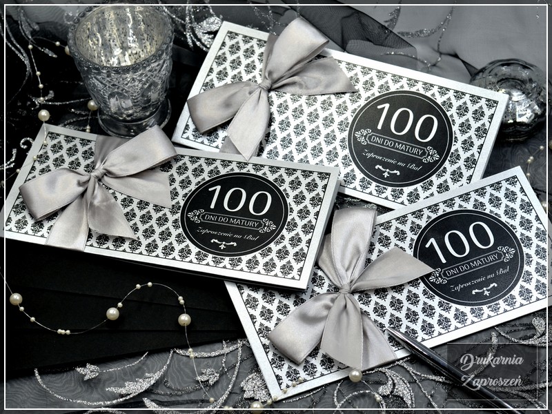 zaproszenia na studniówkę personalizowane perłowe srebrne ze wstążką GLAMOUR SILVER