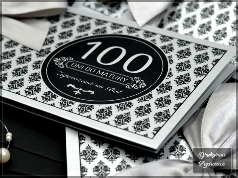 zaproszenia na studniówkę personalizowane perłowe srebrne ze wstążką GLAMOUR SILVER