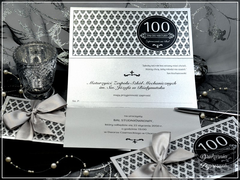 zaproszenia na studniówkę personalizowane perłowe srebrne ze wstążką GLAMOUR SILVER