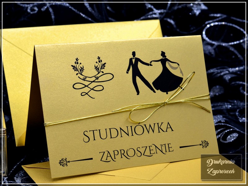 zaproszenia na studniówkę personalizowane perłowe złote ze sznurkiem GOLD