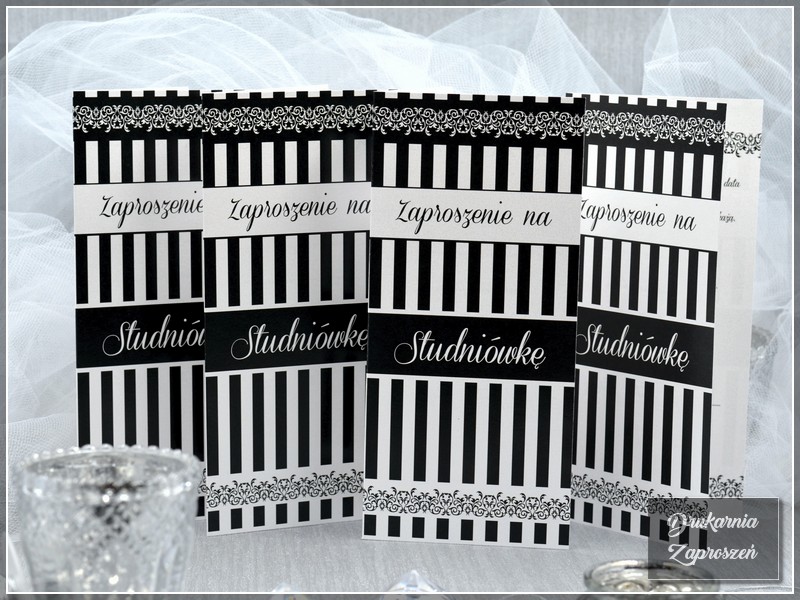 zaproszenia na studniówkę personalizowane perłowe klasyczne w paski czarno-białe RUBENO