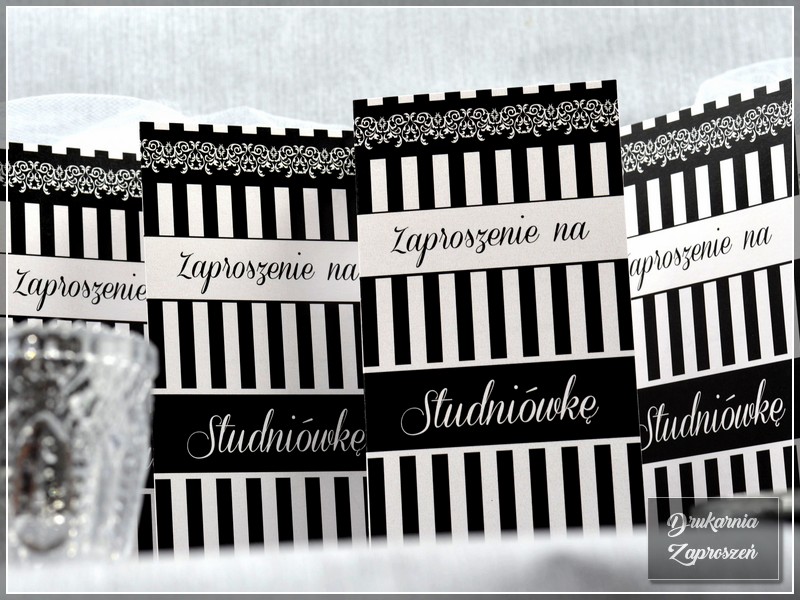 zaproszenia na studniówkę personalizowane perłowe klasyczne w paski czarno-białe RUBENO