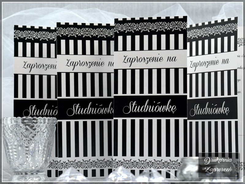 zaproszenia na studniówkę personalizowane perłowe klasyczne w paski czarno-białe RUBENO