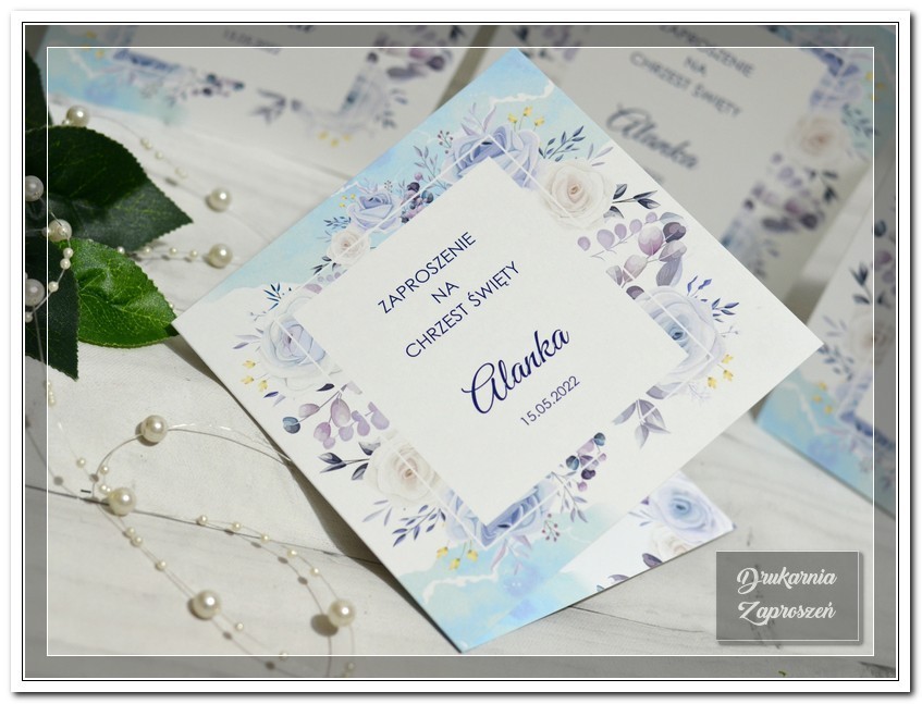 zaproszenia na chrzest personalizowane botaniczne blue botanic