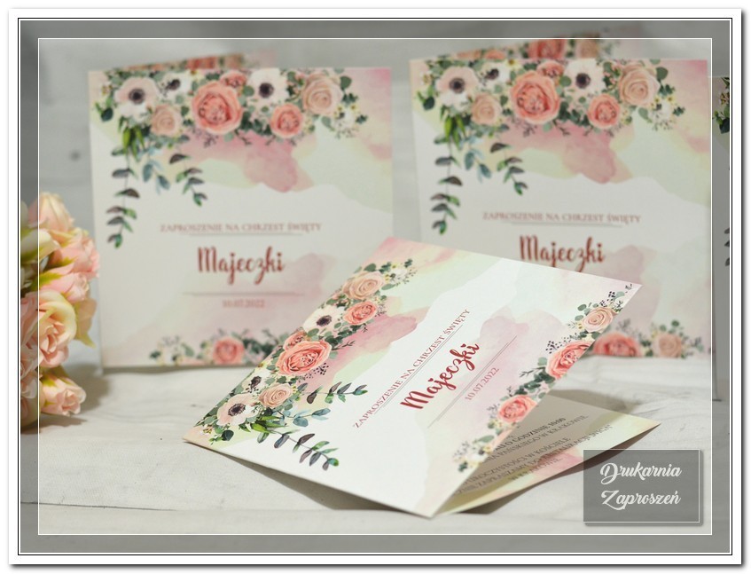 ZAPROSZENIA NA CHRZEST PERSONALIZOWANE BOTANICZNE KWIATOWE RÓŻOWE